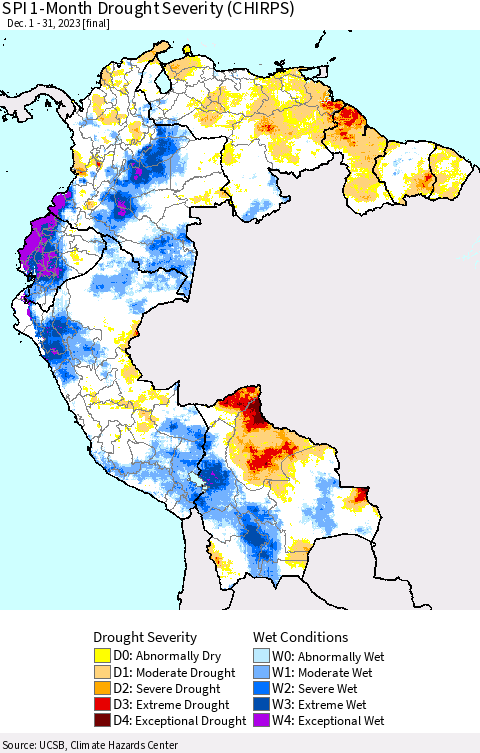 Northern South America SPI 1-Month Drought Severity (CHIRPS) Thematic Map For 12/1/2023 - 12/31/2023