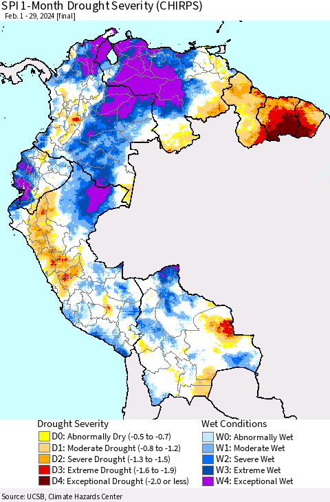 Northern South America SPI 1-Month Drought Severity (CHIRPS) Thematic Map For 2/1/2024 - 2/29/2024