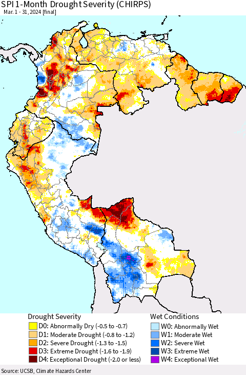 Northern South America SPI 1-Month Drought Severity (CHIRPS) Thematic Map For 3/1/2024 - 3/31/2024