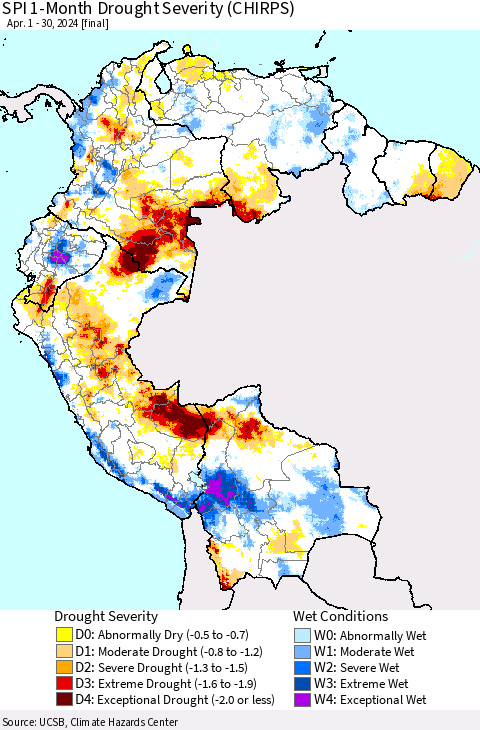 Northern South America SPI 1-Month Drought Severity (CHIRPS) Thematic Map For 4/1/2024 - 4/30/2024
