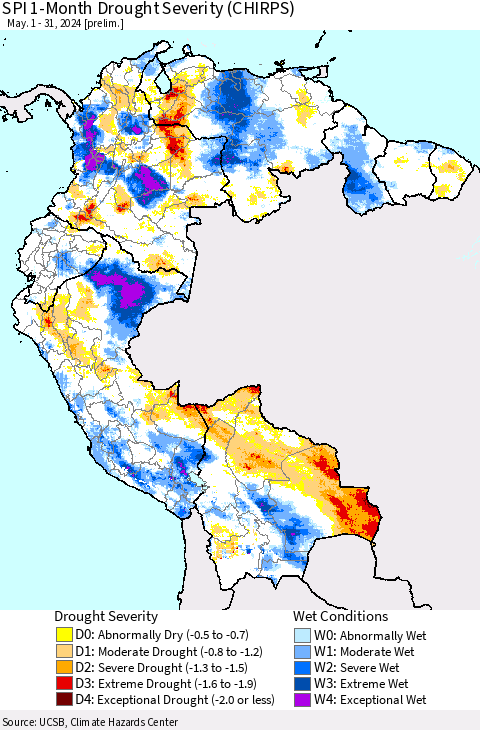 Northern South America SPI 1-Month Drought Severity (CHIRPS) Thematic Map For 5/1/2024 - 5/31/2024