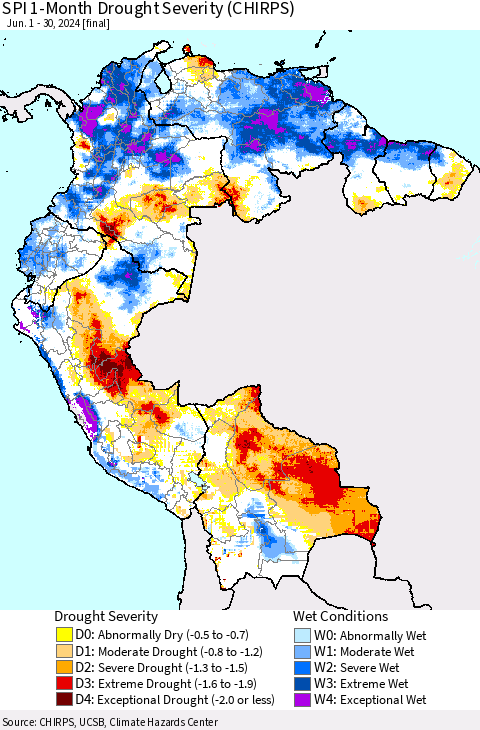 Northern South America SPI 1-Month Drought Severity (CHIRPS) Thematic Map For 6/1/2024 - 6/30/2024