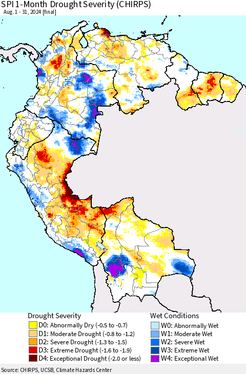 Northern South America SPI 1-Month Drought Severity (CHIRPS) Thematic Map For 8/1/2024 - 8/31/2024