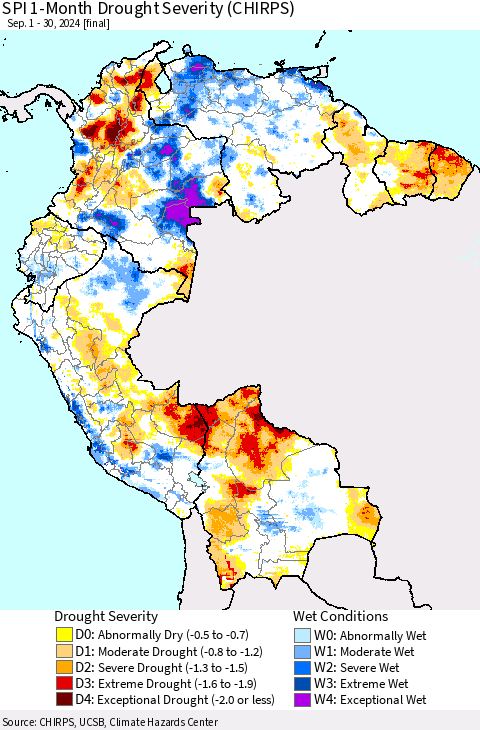 Northern South America SPI 1-Month Drought Severity (CHIRPS) Thematic Map For 9/1/2024 - 9/30/2024