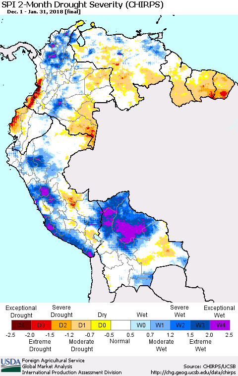 Northern South America SPI 2-Month Drought Severity (CHIRPS) Thematic Map For 12/1/2017 - 1/31/2018