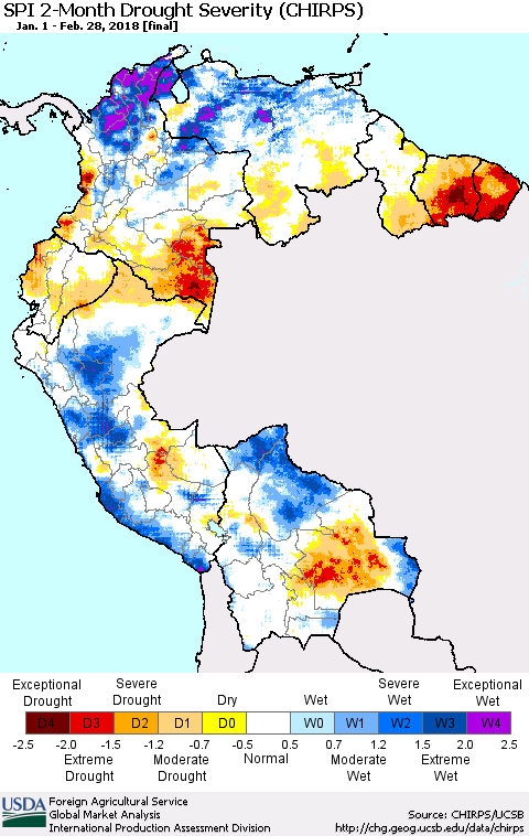 Northern South America SPI 2-Month Drought Severity (CHIRPS) Thematic Map For 1/1/2018 - 2/28/2018