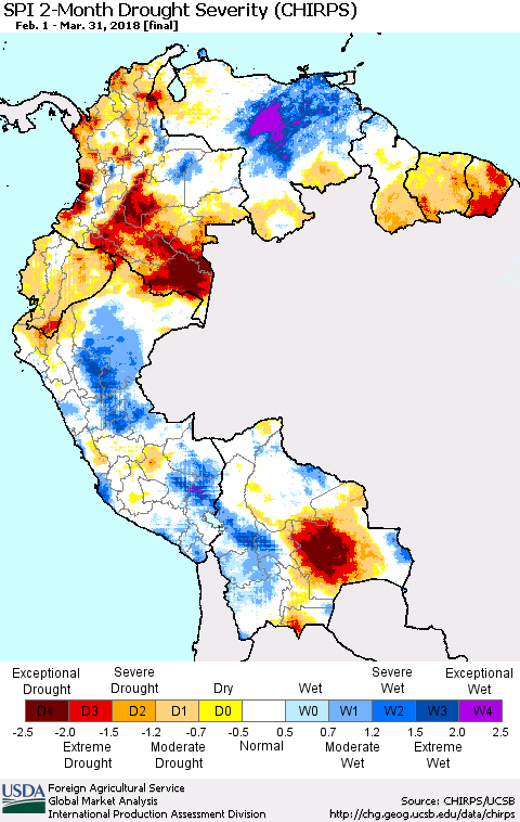 Northern South America SPI 2-Month Drought Severity (CHIRPS) Thematic Map For 2/1/2018 - 3/31/2018