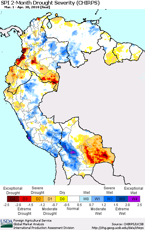 Northern South America SPI 2-Month Drought Severity (CHIRPS) Thematic Map For 3/1/2018 - 4/30/2018