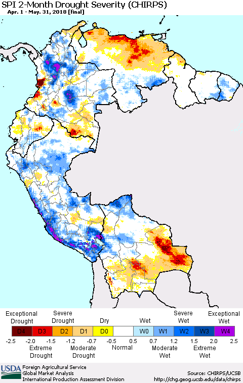 Northern South America SPI 2-Month Drought Severity (CHIRPS) Thematic Map For 4/1/2018 - 5/31/2018
