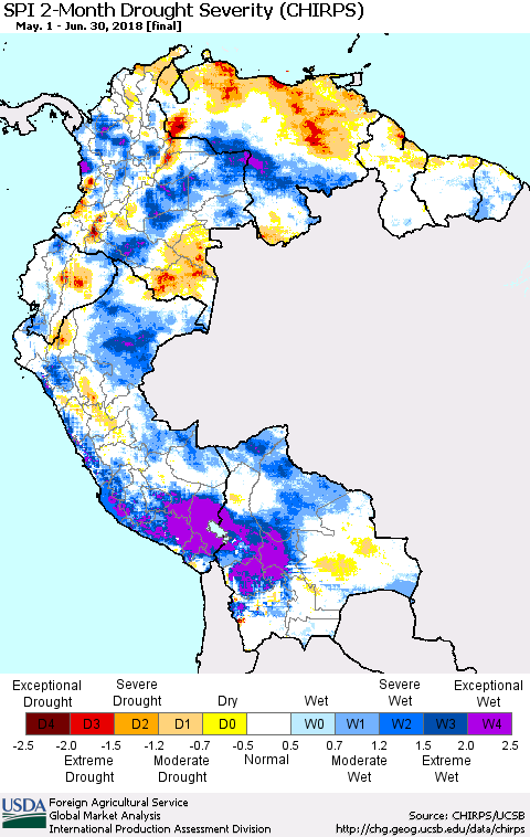 Northern South America SPI 2-Month Drought Severity (CHIRPS) Thematic Map For 5/1/2018 - 6/30/2018