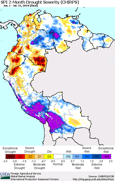 Northern South America SPI 2-Month Drought Severity (CHIRPS) Thematic Map For 6/1/2018 - 7/31/2018
