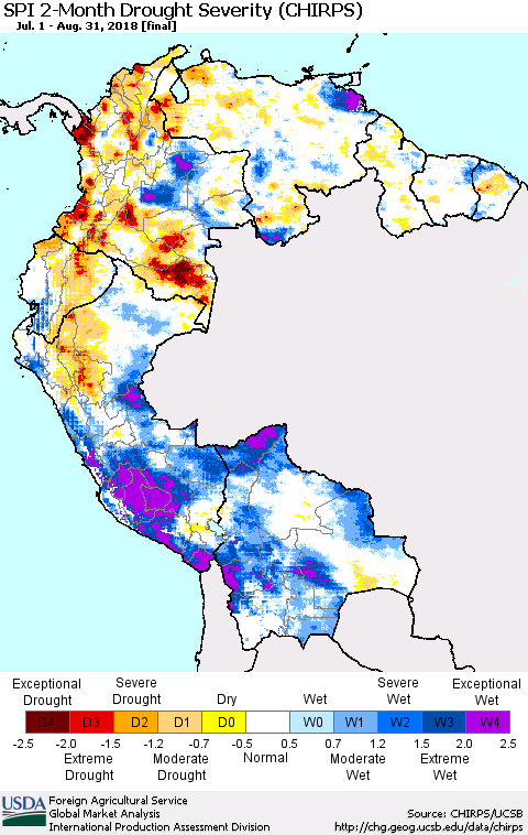 Northern South America SPI 2-Month Drought Severity (CHIRPS) Thematic Map For 7/1/2018 - 8/31/2018