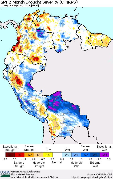 Northern South America SPI 2-Month Drought Severity (CHIRPS) Thematic Map For 8/1/2018 - 9/30/2018
