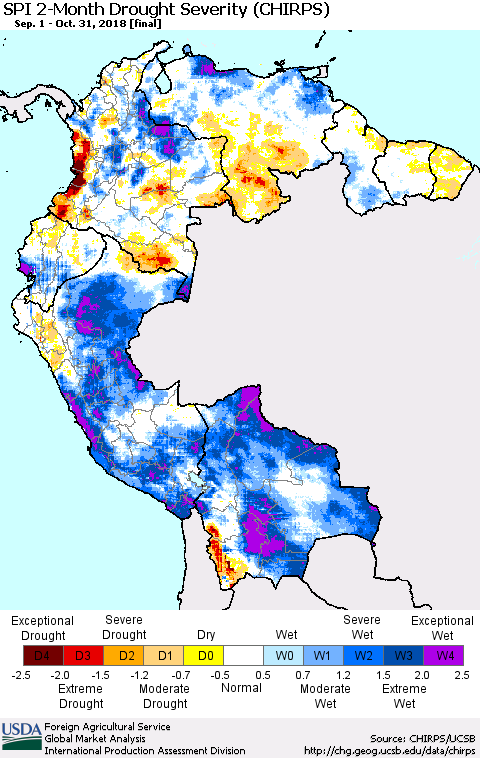 Northern South America SPI 2-Month Drought Severity (CHIRPS) Thematic Map For 9/1/2018 - 10/31/2018