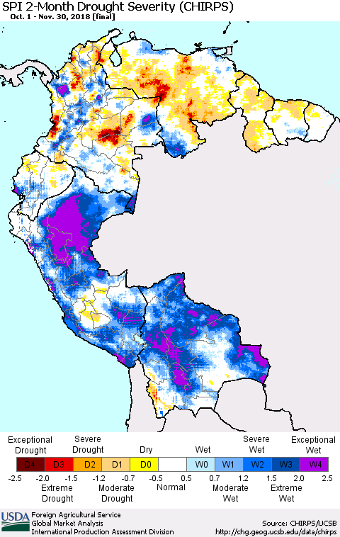 Northern South America SPI 2-Month Drought Severity (CHIRPS) Thematic Map For 10/1/2018 - 11/30/2018