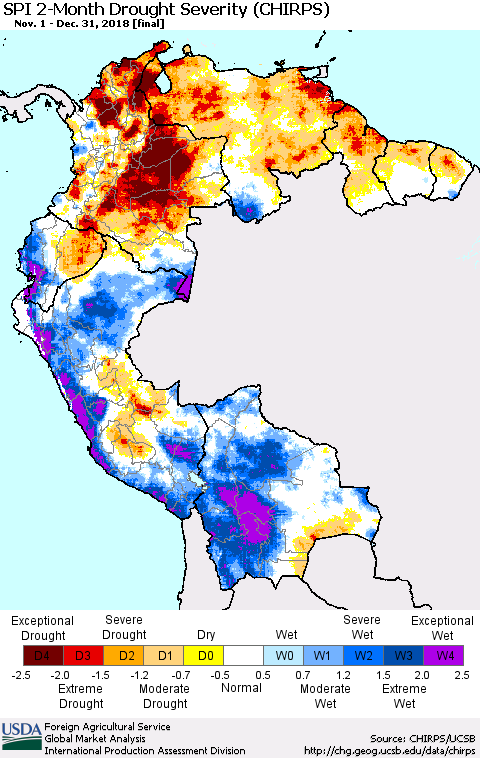 Northern South America SPI 2-Month Drought Severity (CHIRPS) Thematic Map For 11/1/2018 - 12/31/2018