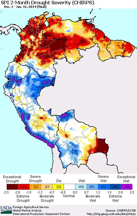 Northern South America SPI 2-Month Drought Severity (CHIRPS) Thematic Map For 12/1/2018 - 1/31/2019