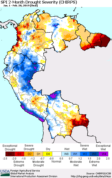 Northern South America SPI 2-Month Drought Severity (CHIRPS) Thematic Map For 1/1/2019 - 2/28/2019