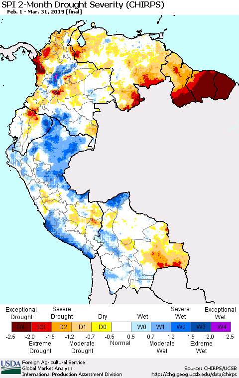 Northern South America SPI 2-Month Drought Severity (CHIRPS) Thematic Map For 2/1/2019 - 3/31/2019