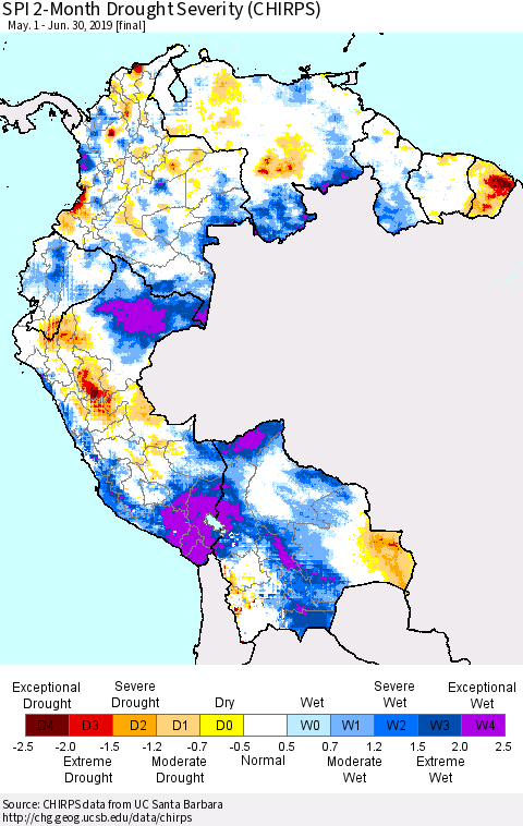 Northern South America SPI 2-Month Drought Severity (CHIRPS) Thematic Map For 5/1/2019 - 6/30/2019