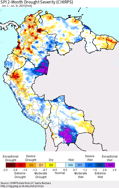 Northern South America SPI 2-Month Drought Severity (CHIRPS) Thematic Map For 6/1/2019 - 7/31/2019
