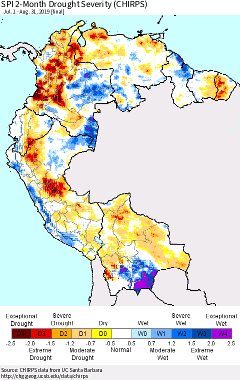 Northern South America SPI 2-Month Drought Severity (CHIRPS) Thematic Map For 7/1/2019 - 8/31/2019