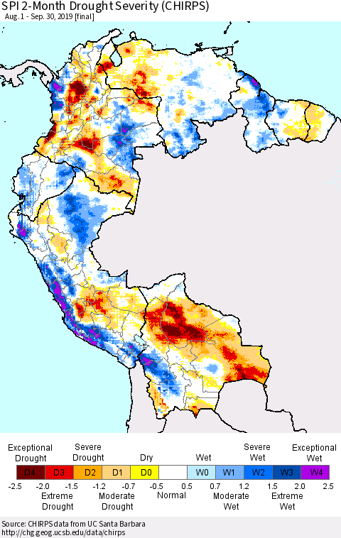 Northern South America SPI 2-Month Drought Severity (CHIRPS) Thematic Map For 8/1/2019 - 9/30/2019