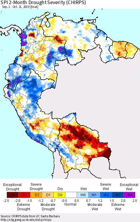 Northern South America SPI 2-Month Drought Severity (CHIRPS) Thematic Map For 9/1/2019 - 10/31/2019