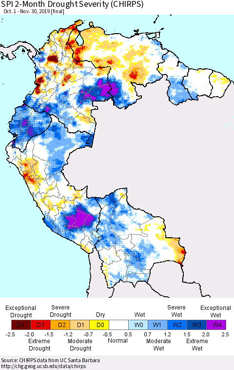 Northern South America SPI 2-Month Drought Severity (CHIRPS) Thematic Map For 10/1/2019 - 11/30/2019