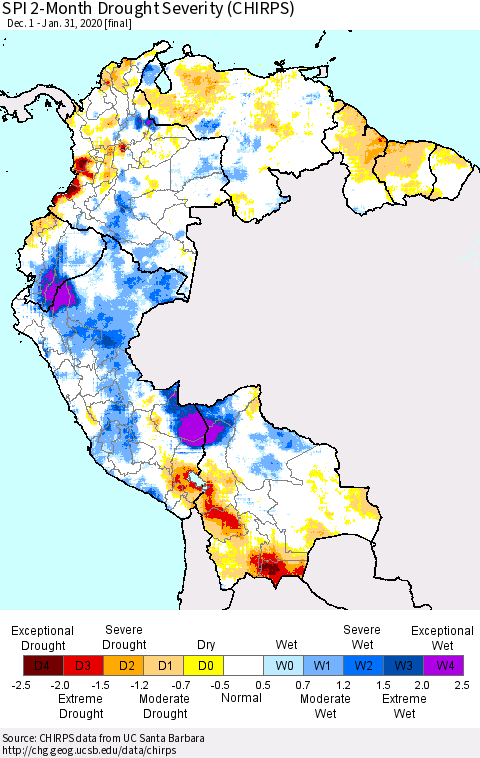 Northern South America SPI 2-Month Drought Severity (CHIRPS) Thematic Map For 12/1/2019 - 1/31/2020