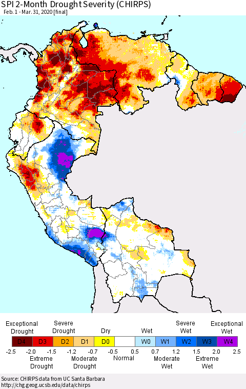 Northern South America SPI 2-Month Drought Severity (CHIRPS) Thematic Map For 2/1/2020 - 3/31/2020