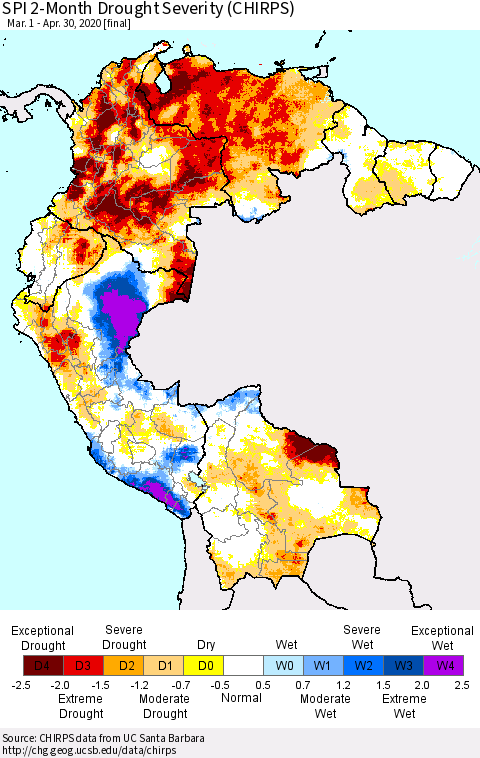 Northern South America SPI 2-Month Drought Severity (CHIRPS) Thematic Map For 3/1/2020 - 4/30/2020