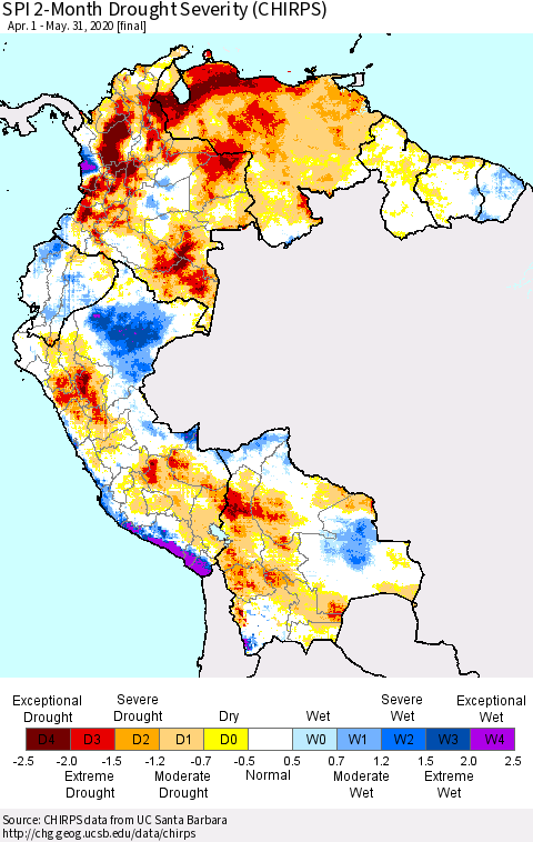 Northern South America SPI 2-Month Drought Severity (CHIRPS) Thematic Map For 4/1/2020 - 5/31/2020