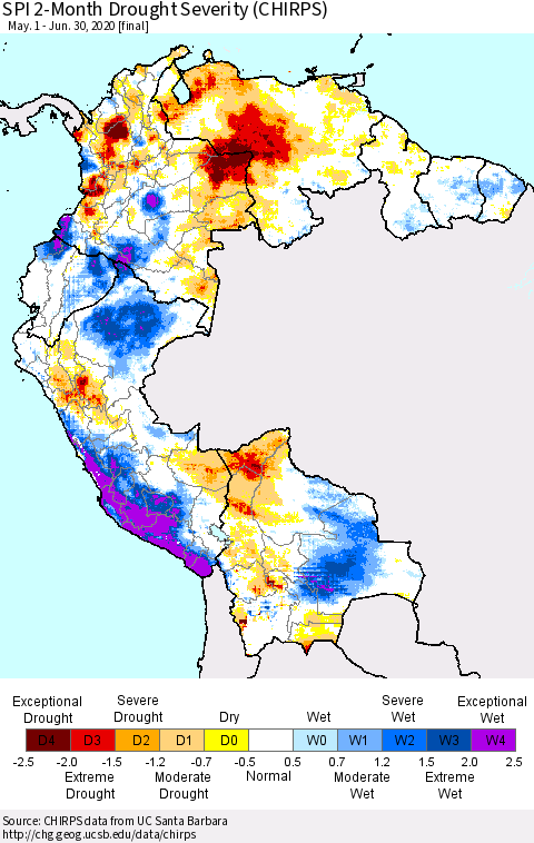 Northern South America SPI 2-Month Drought Severity (CHIRPS) Thematic Map For 5/1/2020 - 6/30/2020