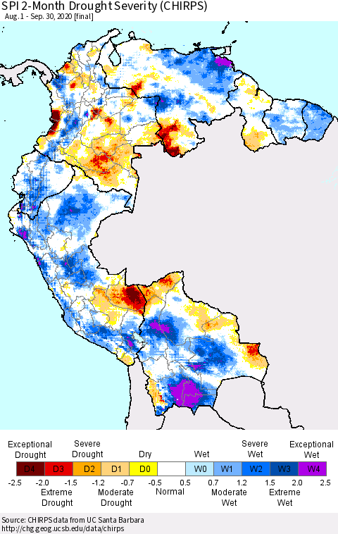 Northern South America SPI 2-Month Drought Severity (CHIRPS) Thematic Map For 8/1/2020 - 9/30/2020