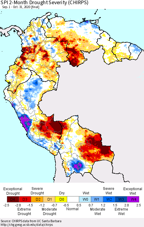 Northern South America SPI 2-Month Drought Severity (CHIRPS) Thematic Map For 9/1/2020 - 10/31/2020