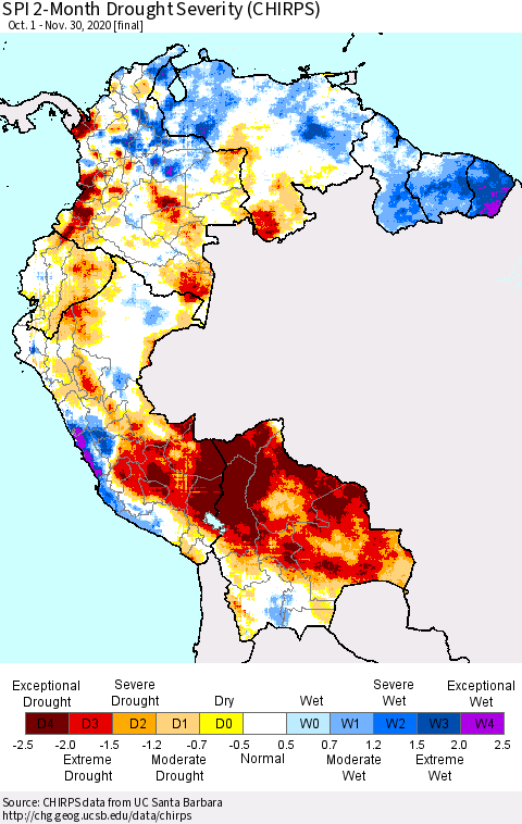 Northern South America SPI 2-Month Drought Severity (CHIRPS) Thematic Map For 10/1/2020 - 11/30/2020