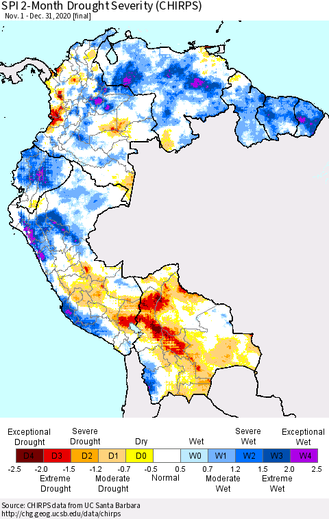 Northern South America SPI 2-Month Drought Severity (CHIRPS) Thematic Map For 11/1/2020 - 12/31/2020