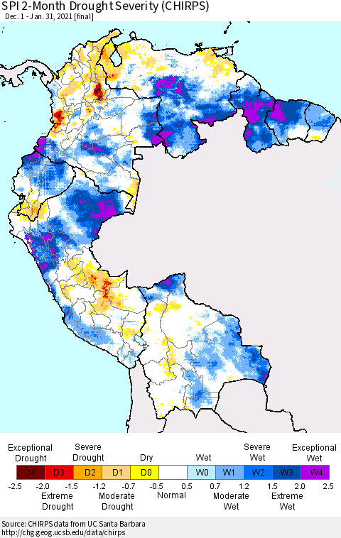 Northern South America SPI 2-Month Drought Severity (CHIRPS) Thematic Map For 12/1/2020 - 1/31/2021