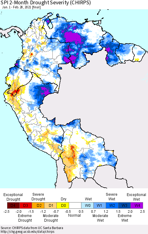 Northern South America SPI 2-Month Drought Severity (CHIRPS) Thematic Map For 1/1/2021 - 2/28/2021