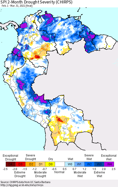 Northern South America SPI 2-Month Drought Severity (CHIRPS) Thematic Map For 2/1/2021 - 3/31/2021