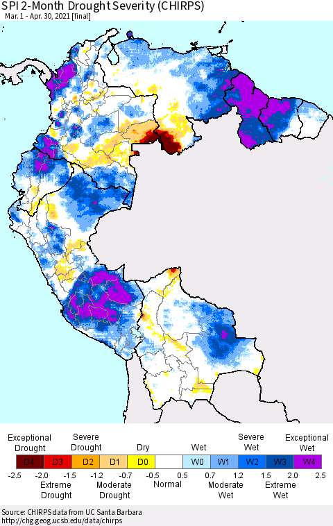 Northern South America SPI 2-Month Drought Severity (CHIRPS) Thematic Map For 3/1/2021 - 4/30/2021