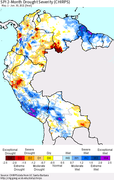 Northern South America SPI 2-Month Drought Severity (CHIRPS) Thematic Map For 5/1/2021 - 6/30/2021