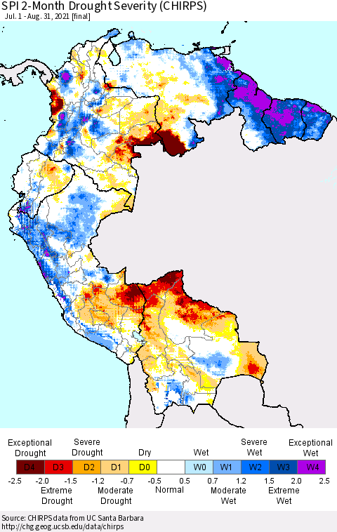 Northern South America SPI 2-Month Drought Severity (CHIRPS) Thematic Map For 7/1/2021 - 8/31/2021