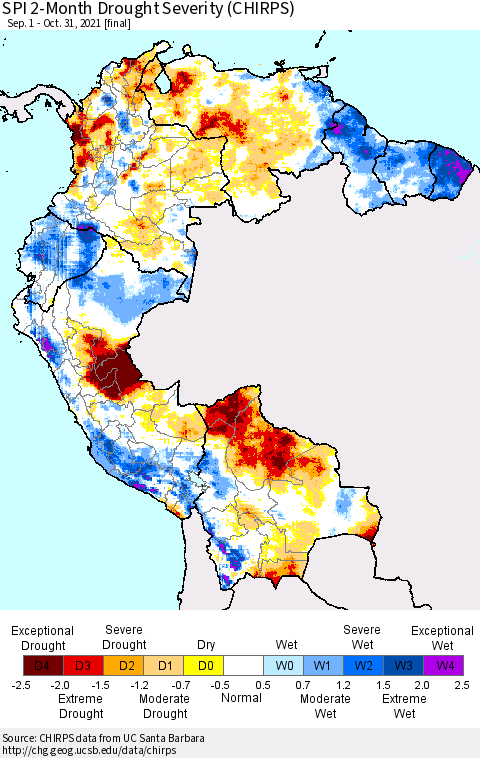 Northern South America SPI 2-Month Drought Severity (CHIRPS) Thematic Map For 9/1/2021 - 10/31/2021