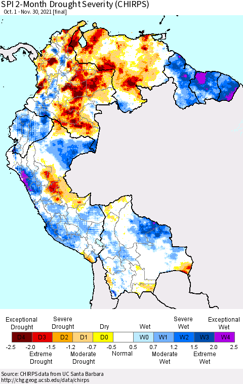 Northern South America SPI 2-Month Drought Severity (CHIRPS) Thematic Map For 10/1/2021 - 11/30/2021