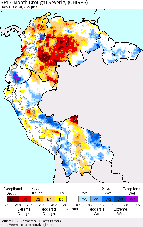 Northern South America SPI 2-Month Drought Severity (CHIRPS) Thematic Map For 12/1/2021 - 1/31/2022
