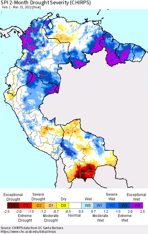 Northern South America SPI 2-Month Drought Severity (CHIRPS) Thematic Map For 2/1/2022 - 3/31/2022