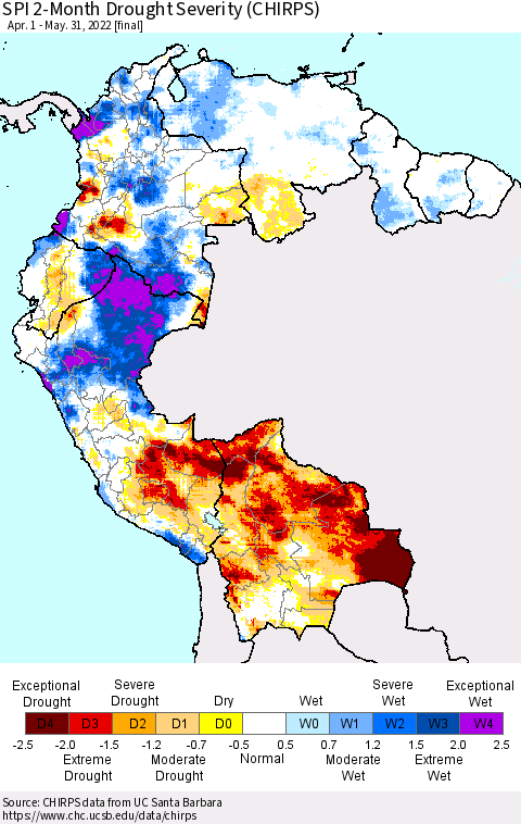 Northern South America SPI 2-Month Drought Severity (CHIRPS) Thematic Map For 4/1/2022 - 5/31/2022