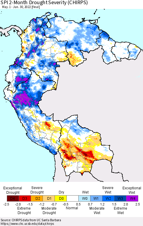 Northern South America SPI 2-Month Drought Severity (CHIRPS) Thematic Map For 5/1/2022 - 6/30/2022